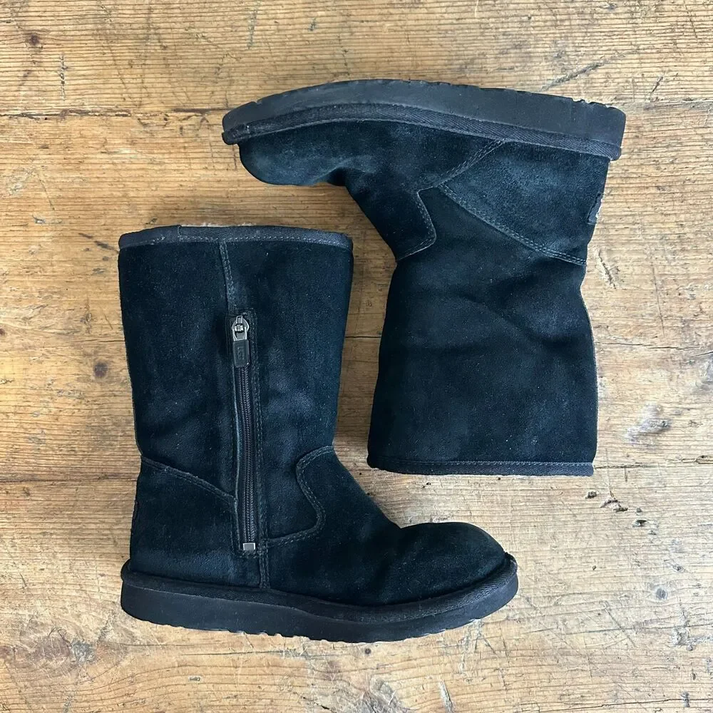 UGG Australia Boots Lil Sunshine II Kids Girls Sz 2 Fur Lined Black Suede Zip Up